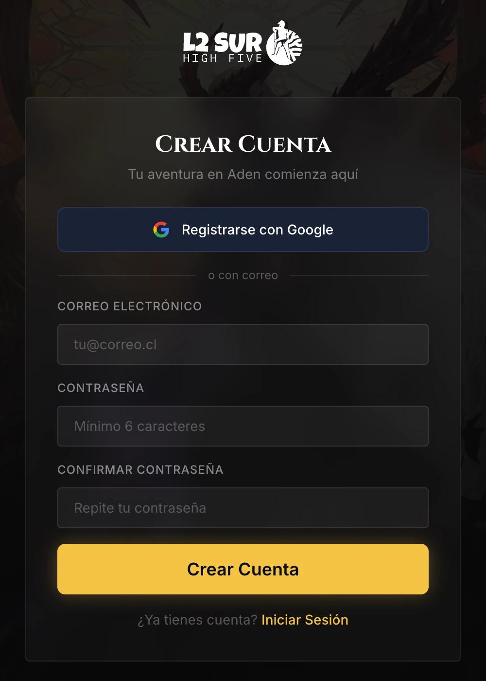 Formulario Crear Cuenta del sitio, con registro por Google o por correo