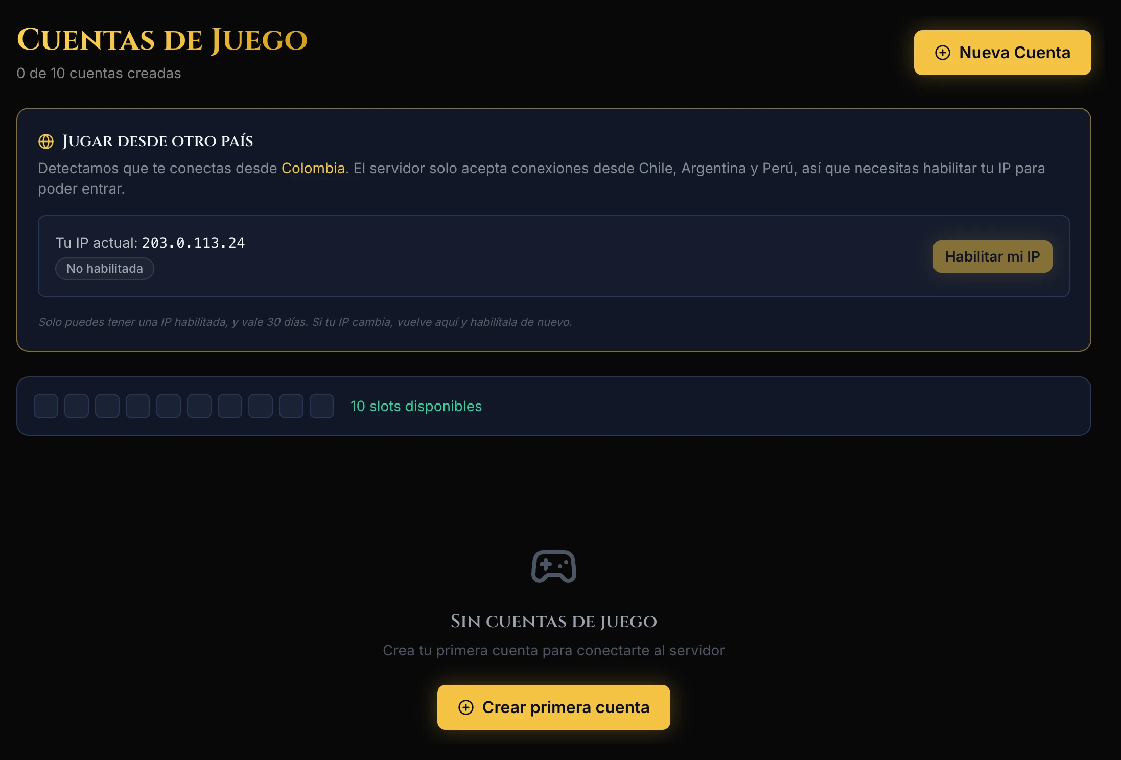 Página Cuentas de Juego sin cuentas creadas, con la tarjeta «Jugar desde otro país» arriba