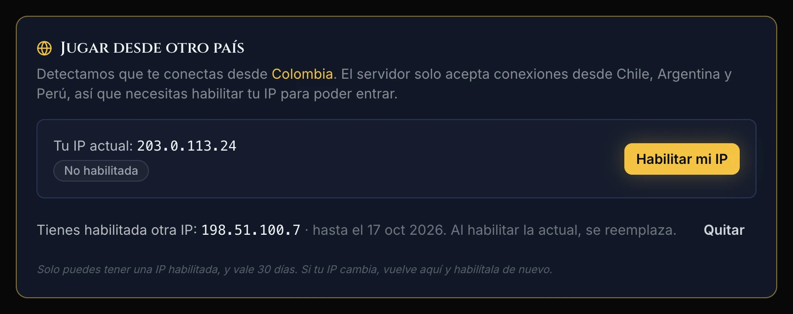 Tarjeta con la IP actual sin habilitar y el aviso de que hay otra IP habilitada que se reemplazará