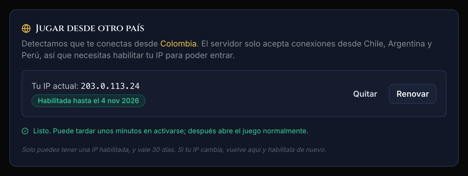 Tarjeta con la IP habilitada hasta una fecha, los botones Quitar y Renovar y el mensaje de confirmación