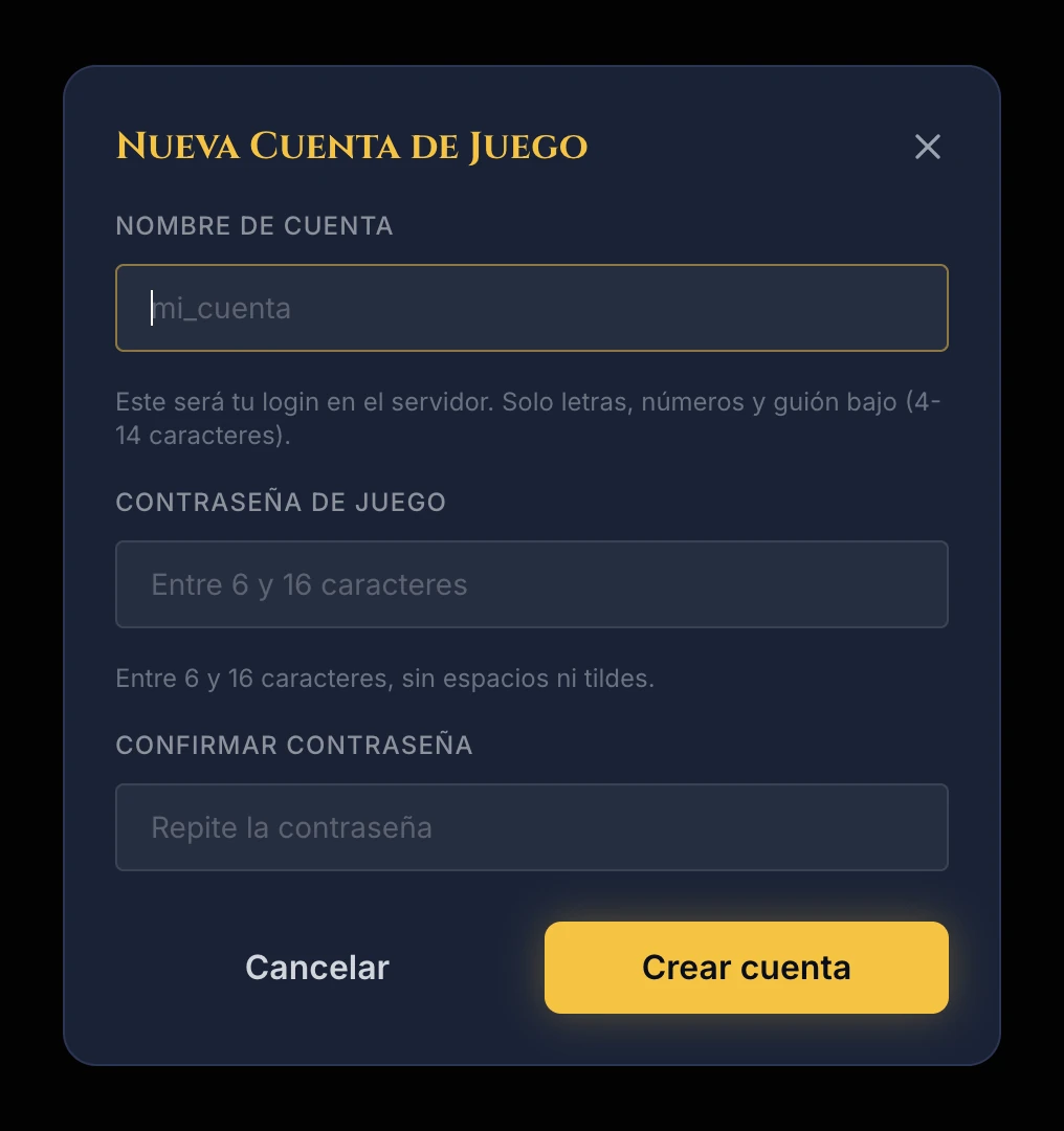 Formulario Nueva Cuenta de Juego: nombre de cuenta, contraseña y confirmación